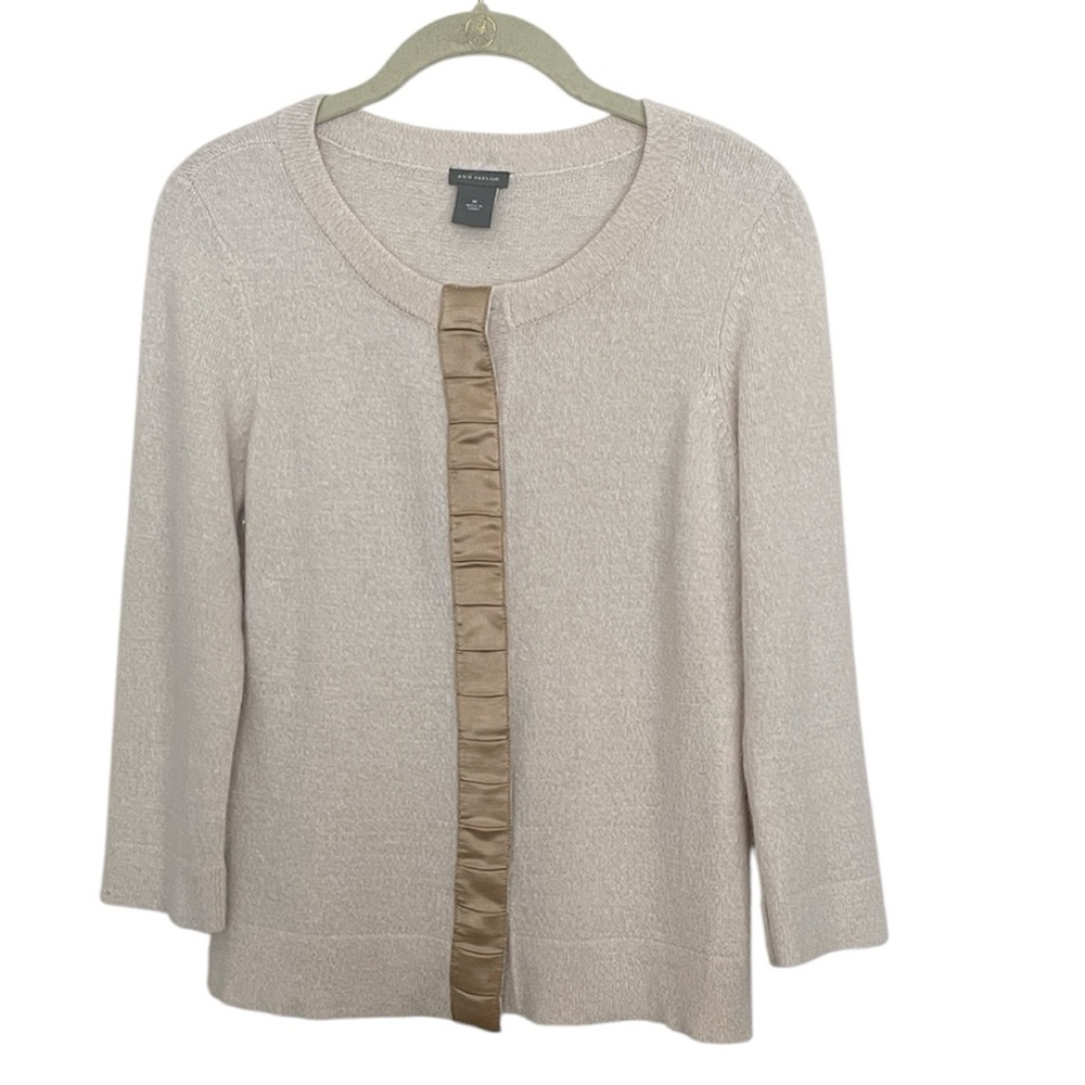 Vintage Ann Taylor Cream Merino Wool Angora Blend Cardigan with Satin Front Trim